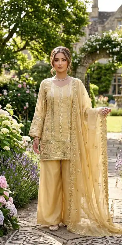 KD 1583 Golden | Golden Zimmy Silk Salwar Suit with Sequins Work. Special Price ₹1699. Delivery 4-6 Working Days. Shop now. | Casual Suits, Jump Suits, Creative suits, Designer Suits, Palazzo Suits, Party Wear Suits, Patiala Suits, Salwar suit, Straight Suits