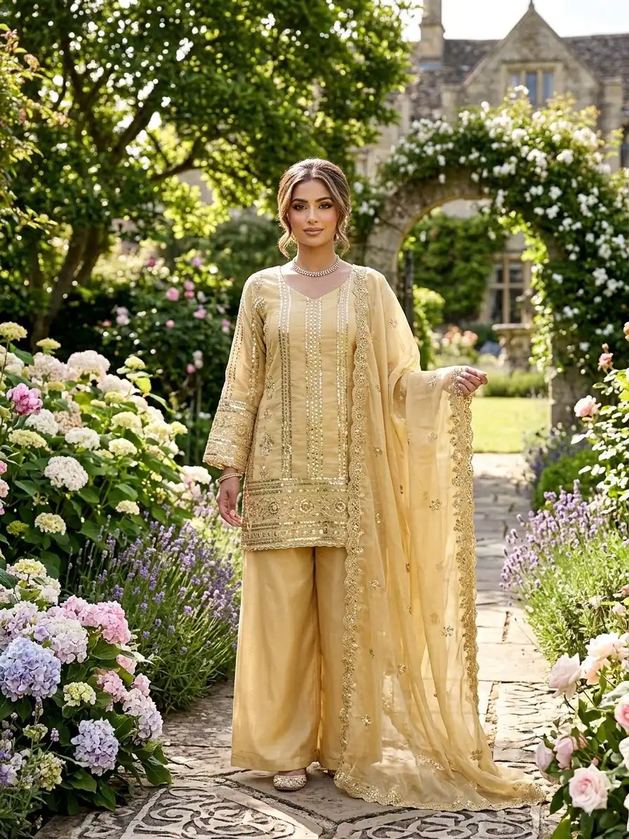KD 1583 Golden | Golden Zimmy Silk Salwar Suit with Sequins Work. Special Price ₹1699. Delivery 4-6 Working Days. Shop now. | Casual Suits, Jump Suits, Creative suits, Designer Suits, Palazzo Suits, Party Wear Suits, Patiala Suits, Salwar suit, Straight Suits