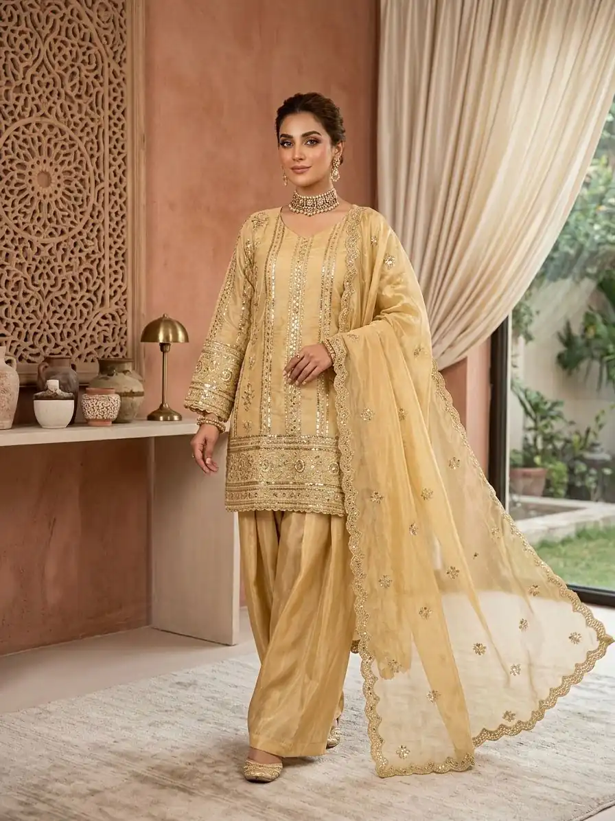 KD 1583 Golden | Golden Zimmy Silk Salwar Suit with Sequins Work. Special Price ₹1699. Delivery 4-6 Working Days. Shop now. | Casual Suits, Jump Suits, Creative suits, Designer Suits, Palazzo Suits, Party Wear Suits, Patiala Suits, Salwar suit, Straight Suits