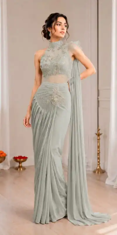BB 82 Grey | Crep Silk Saree with Sequins Work & Embroidery Work. Special Price ₹1899. Delivery 4-6 Working Days. Shop now. | Creative Sarees, Bollywood Sarees, Designer Sarees, Embroidered Sarees, Ethnic Saree, Modern Digital sarees, Party Wear Sarees, Sarees