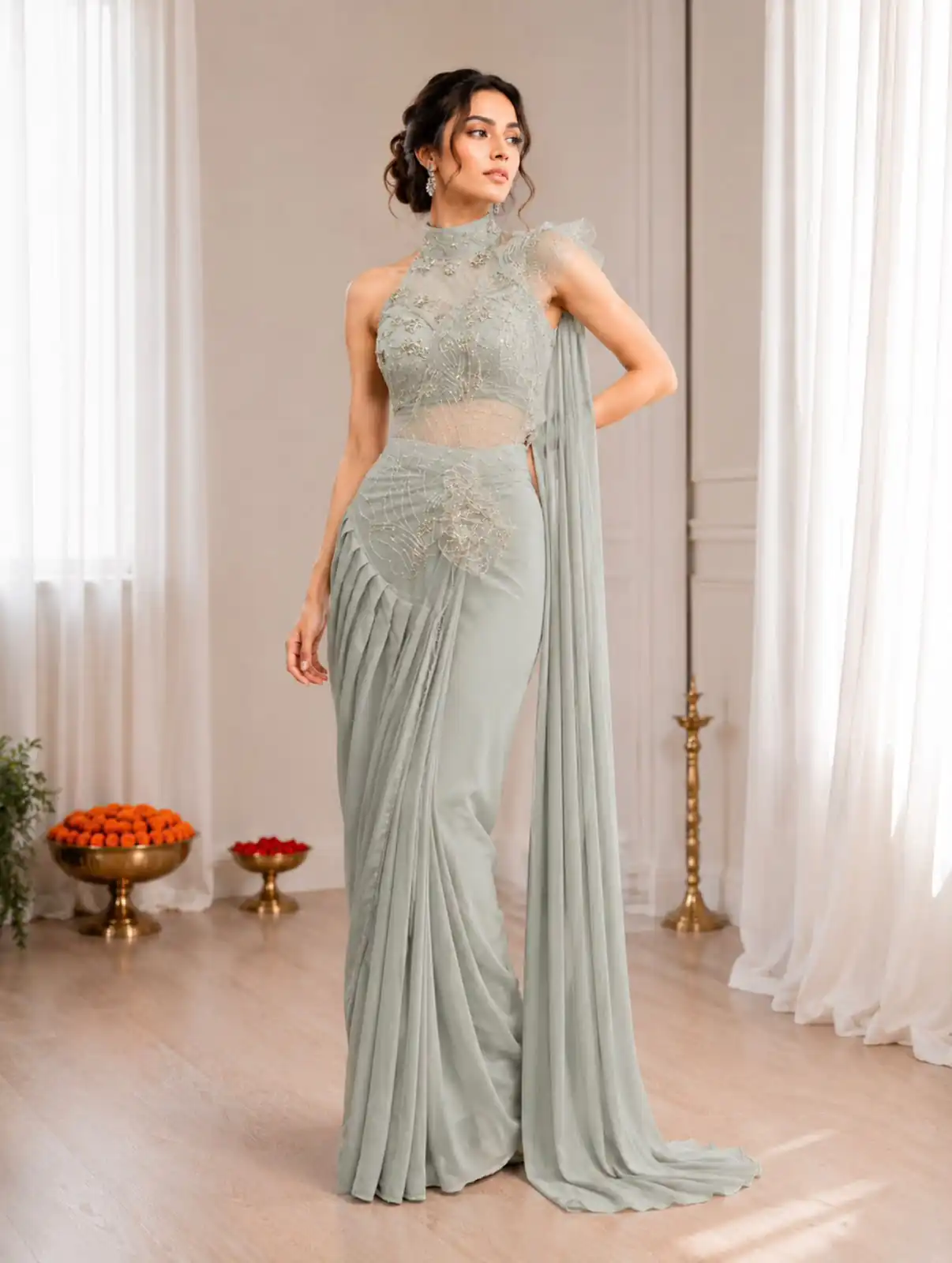 BB 82 Grey | Crep Silk Saree with Sequins Work & Embroidery Work. Special Price ₹1899. Delivery 4-6 Working Days. Shop now. | Creative Sarees, Bollywood Sarees, Designer Sarees, Embroidered Sarees, Ethnic Saree, Modern Digital sarees, Party Wear Sarees, Sarees