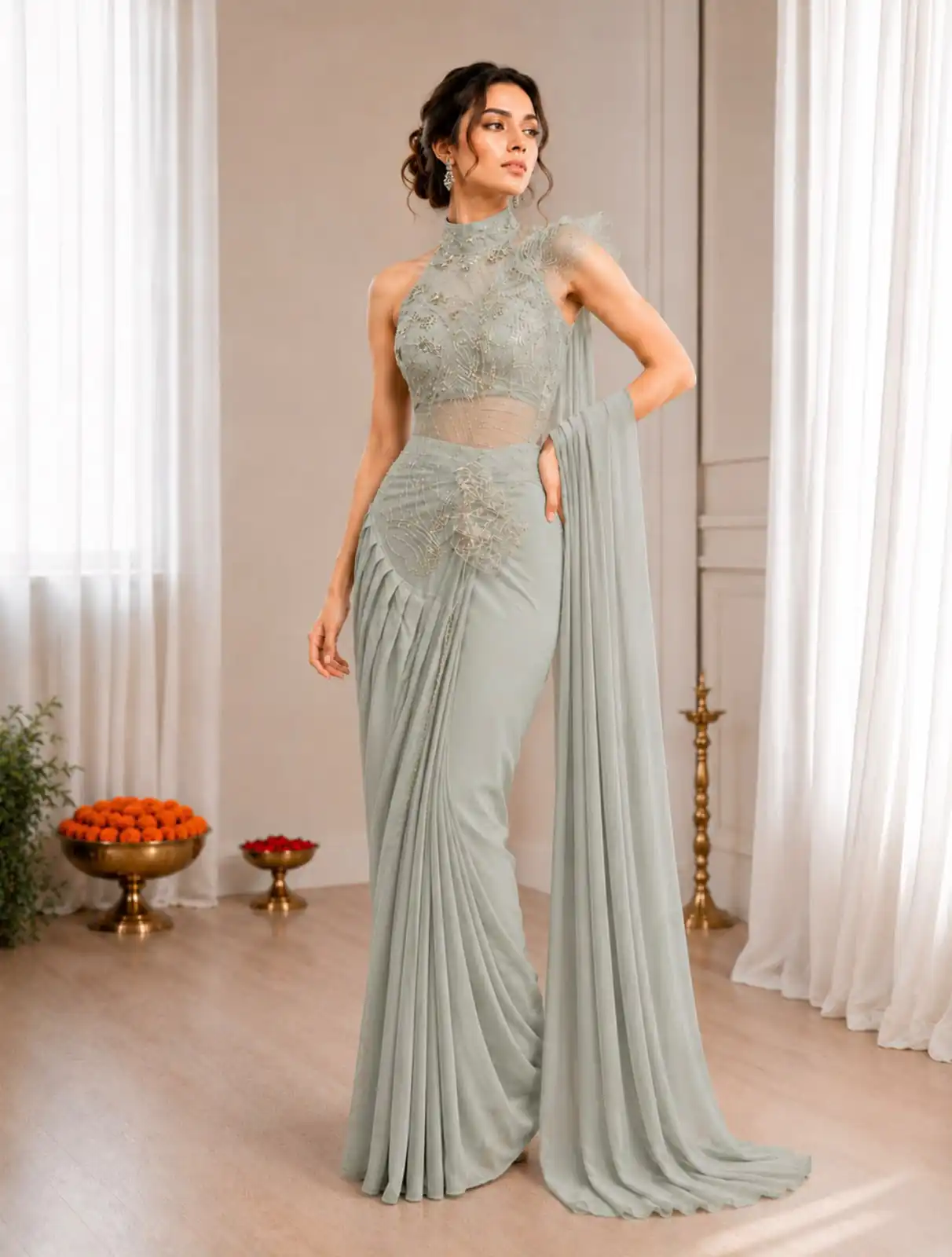 BB 82 Grey | Crep Silk Saree with Sequins Work & Embroidery Work. Special Price ₹1899. Delivery 4-6 Working Days. Shop now. | Creative Sarees, Bollywood Sarees, Designer Sarees, Embroidered Sarees, Ethnic Saree, Modern Digital sarees, Party Wear Sarees, Sarees
