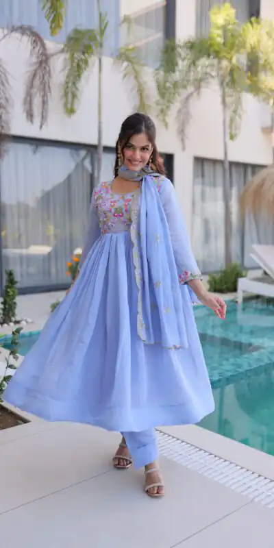 KA 1239 Lavender Roman Silk Gown Perfect for Wedding, Party, Reception, Karwa Chauth, Baby Shower – . Now at just ₹2599. Delivery 4-6 Working Days. Shop | Casual Suits, Bollywood Gowns, Creative Gowns, Designer Gowns, Embroidered Gowns, Gowns, Party Wear Gowns