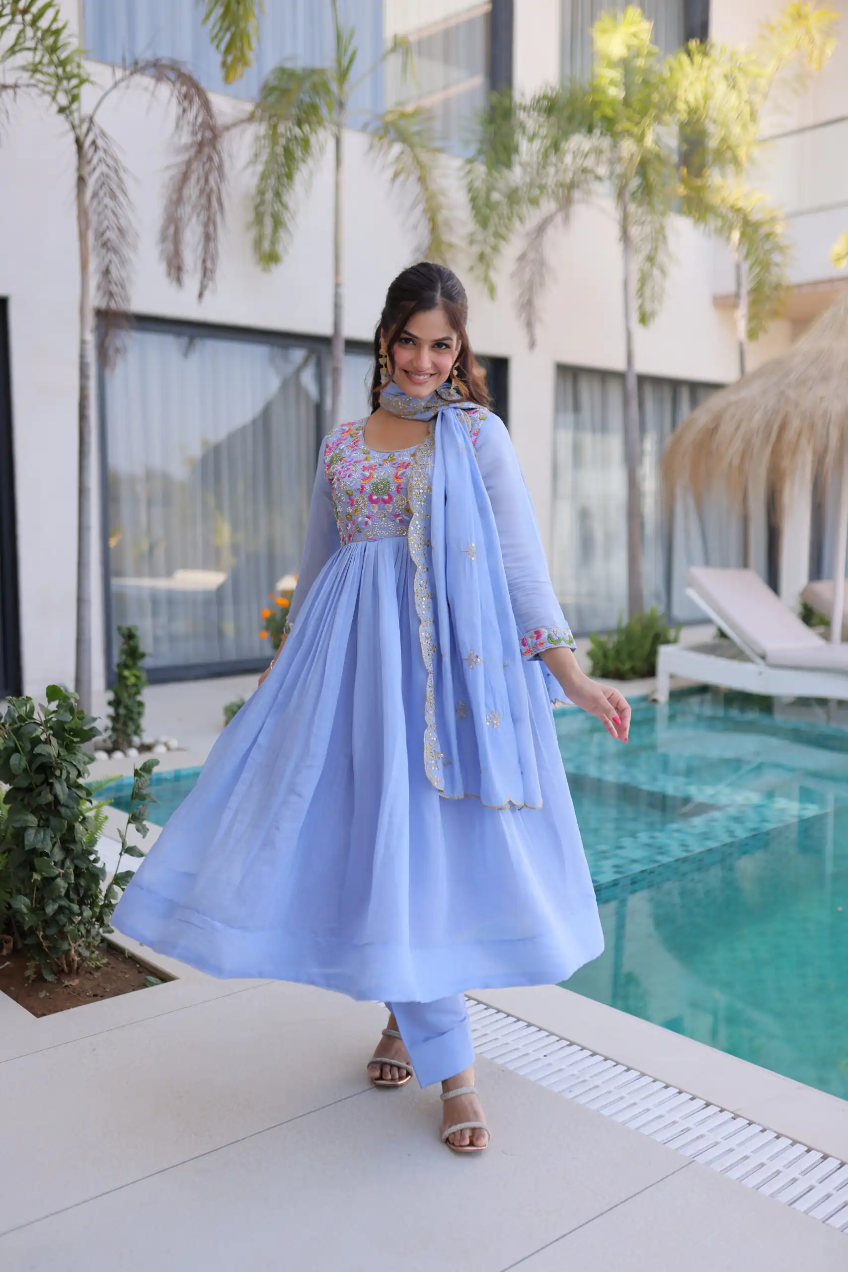 KA 1239 Lavender Roman Silk Gown Perfect for Wedding, Party, Reception, Karwa Chauth, Baby Shower – . Now at just ₹2599. Delivery 4-6 Working Days. Shop | Casual Suits, Bollywood Gowns, Creative Gowns, Designer Gowns, Embroidered Gowns, Gowns, Party Wear Gowns