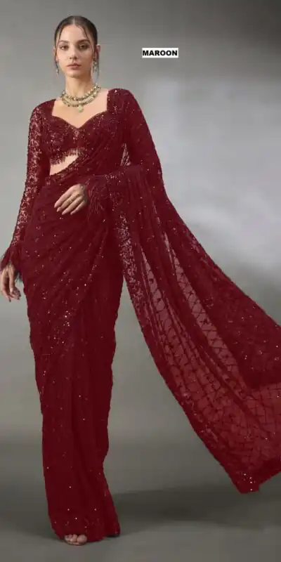DF 3474 Maroon Faux Georgette Saree Perfect for Wedding, Party, Bridal Wear, Baisakhi, Raksha Bandhan –. Introductory Price ₹1799. Delivery 4-6 Workin | Creative Sarees, Bollywood Sarees, Designer Sarees, Embroidered Sarees, Ethnic Saree, Modern Digital sarees, Party Wear Sarees, Sarees