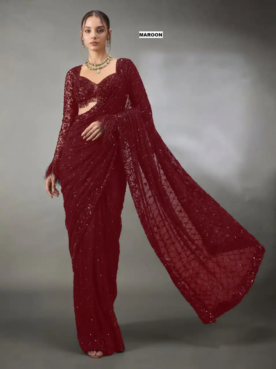 DF 3474 Maroon Faux Georgette Saree Perfect for Wedding, Party, Bridal Wear, Baisakhi, Raksha Bandhan –. Introductory Price ₹1799. Delivery 4-6 Workin | Creative Sarees, Bollywood Sarees, Designer Sarees, Embroidered Sarees, Ethnic Saree, Modern Digital sarees, Party Wear Sarees, Sarees