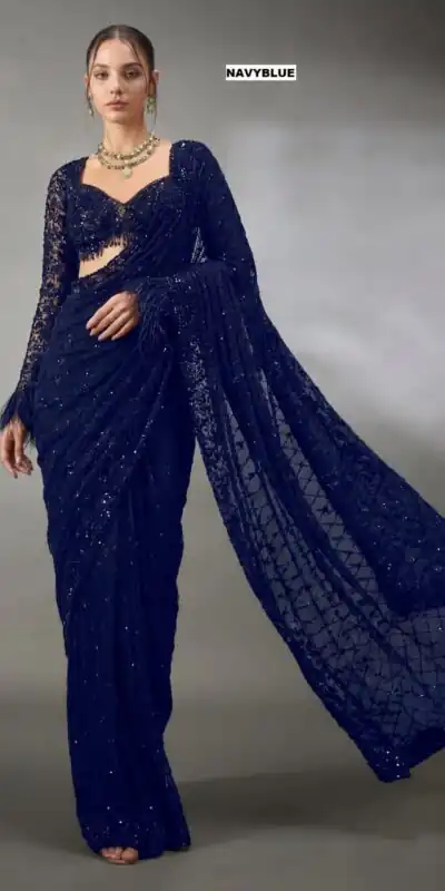 DF 3474 Navy Blue Faux Georgette Saree Perfect for Wedding, Party, Bridal Wear, Baisakhi, Raksha Bandhan –. Introductory Price ₹1799. Delivery 4-6 Workin | Creative Sarees, Bollywood Sarees, Designer Sarees, Embroidered Sarees, Ethnic Saree, Modern Digital sarees, Party Wear Sarees, Sarees
