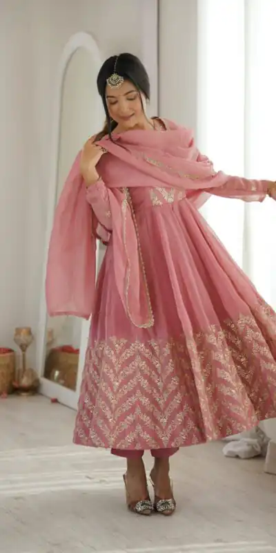JF 050 Peach Embroidery Work & Sequins Work Salwar Suit in Peach Crunchy Silk. Festive Deal ₹2099. Delivery 4-6 Working Days. Shop now. | Anarkali Suits, Bollywood Anarkali, Creative-Anarkali, Designer Anarkali, Embroidered Anarkali, Party Wear Anarkali