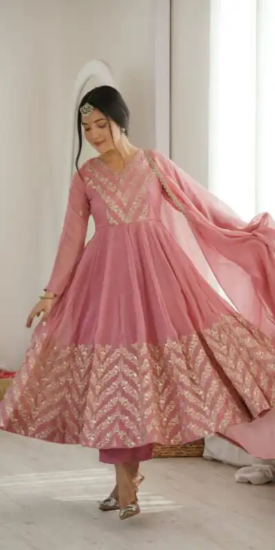 JF 050 Peach Embroidery Work & Sequins Work Salwar Suit in Peach Crunchy Silk. Festive Deal ₹2099. Delivery 4-6 Working Days. Shop now. | Anarkali Suits, Bollywood Anarkali, Creative-Anarkali, Designer Anarkali, Embroidered Anarkali, Party Wear Anarkali