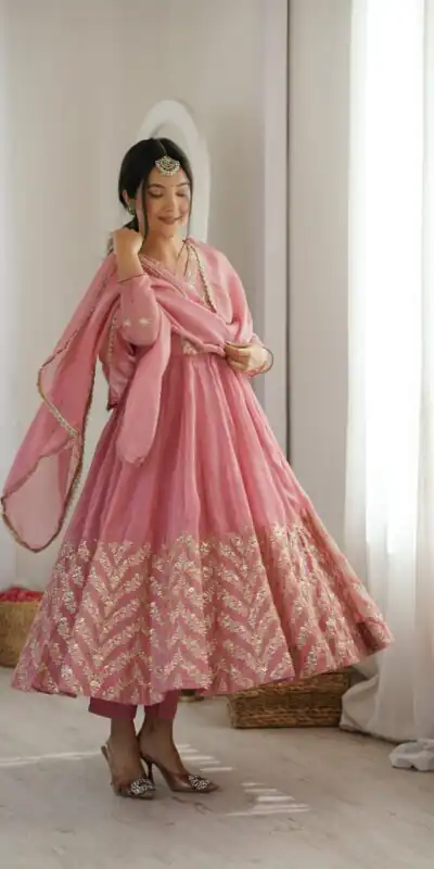 JF 050 Peach Embroidery Work & Sequins Work Salwar Suit in Peach Crunchy Silk. Festive Deal ₹2099. Delivery 4-6 Working Days. Shop now. | Anarkali Suits, Bollywood Anarkali, Creative-Anarkali, Designer Anarkali, Embroidered Anarkali, Party Wear Anarkali
