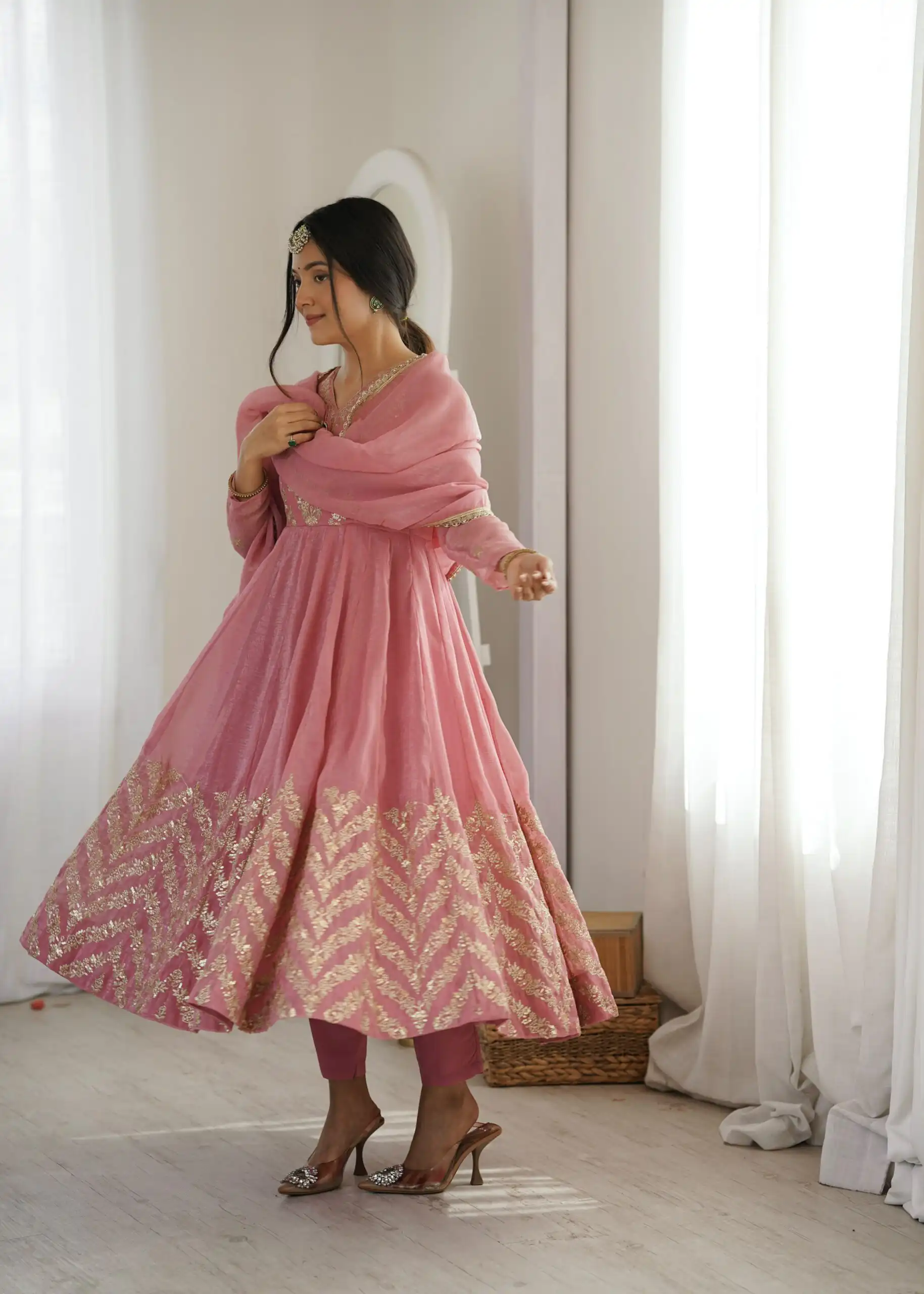 JF 050 Peach Embroidery Work & Sequins Work Salwar Suit in Peach Crunchy Silk. Festive Deal ₹2099. Delivery 4-6 Working Days. Shop now. | Anarkali Suits, Bollywood Anarkali, Creative-Anarkali, Designer Anarkali, Embroidered Anarkali, Party Wear Anarkali