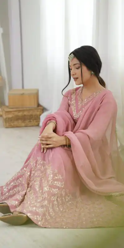 JF 050 Peach Embroidery Work & Sequins Work Salwar Suit in Peach Crunchy Silk. Festive Deal ₹2099. Delivery 4-6 Working Days. Shop now. | Anarkali Suits, Bollywood Anarkali, Creative-Anarkali, Designer Anarkali, Embroidered Anarkali, Party Wear Anarkali