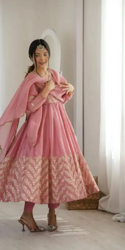 JF 050 Peach Embroidery Work & Sequins Work Salwar Suit in Peach Crunchy Silk. Festive Deal ₹2099. Delivery 4-6 Working Days. Shop now. | Anarkali Suits, Bollywood Anarkali, Creative-Anarkali, Designer Anarkali, Embroidered Anarkali, Party Wear Anarkali