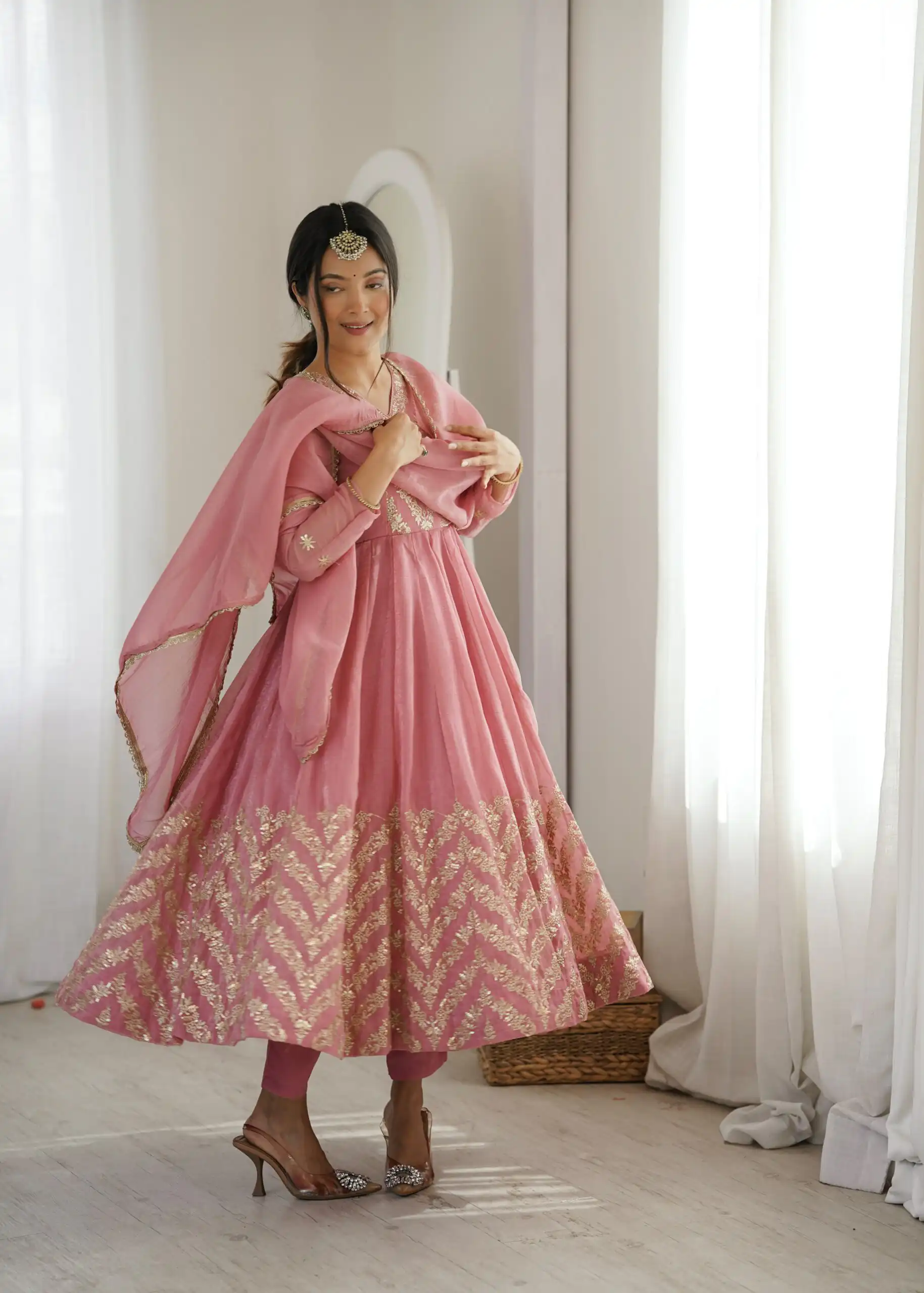 JF 050 Peach Embroidery Work & Sequins Work Salwar Suit in Peach Crunchy Silk. Festive Deal ₹2099. Delivery 4-6 Working Days. Shop now. | Anarkali Suits, Bollywood Anarkali, Creative-Anarkali, Designer Anarkali, Embroidered Anarkali, Party Wear Anarkali