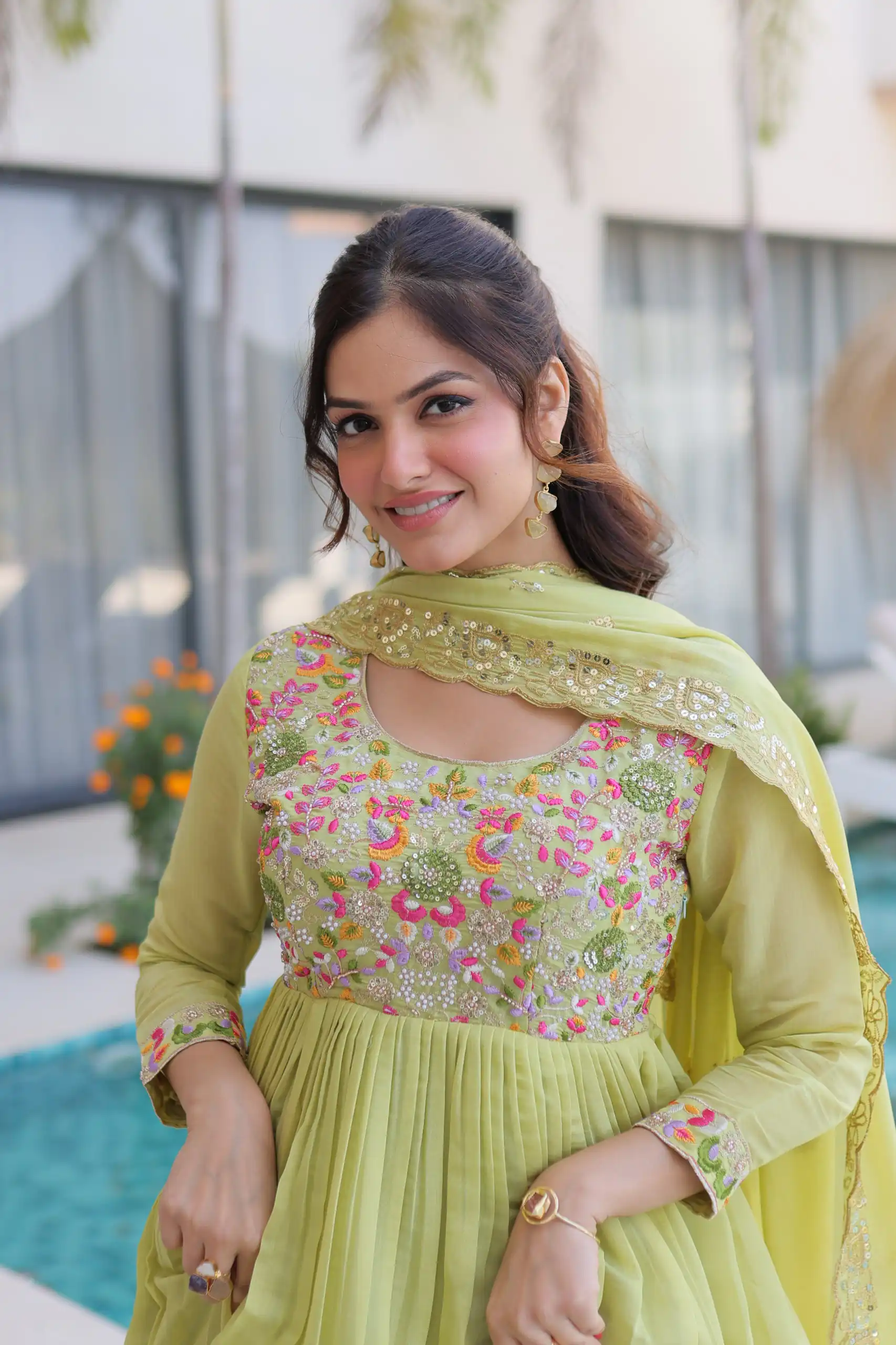 KA 1239 Pista Roman Silk Gown Perfect for Wedding, Party, Reception, Karwa Chauth, Baby Shower – . Now at just ₹2599. Delivery 4-6 Working Days. Shop | Casual Suits, Bollywood Gowns, Creative Gowns, Designer Gowns, Embroidered Gowns, Gowns, Party Wear Gowns