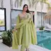 KA 1239 Pista Roman Silk Gown Perfect for Wedding, Party, Reception, Karwa Chauth, Baby Shower – . Now at just ₹2599. Delivery 4-6 Working Days. Shop | Casual Suits, Bollywood Gowns, Creative Gowns, Designer Gowns, Embroidered Gowns, Gowns, Party Wear Gowns