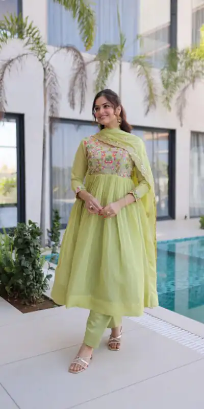 KA 1239 Pista Roman Silk Gown Perfect for Wedding, Party, Reception, Karwa Chauth, Baby Shower – . Now at just ₹2599. Delivery 4-6 Working Days. Shop | Casual Suits, Bollywood Gowns, Creative Gowns, Designer Gowns, Embroidered Gowns, Gowns, Party Wear Gowns