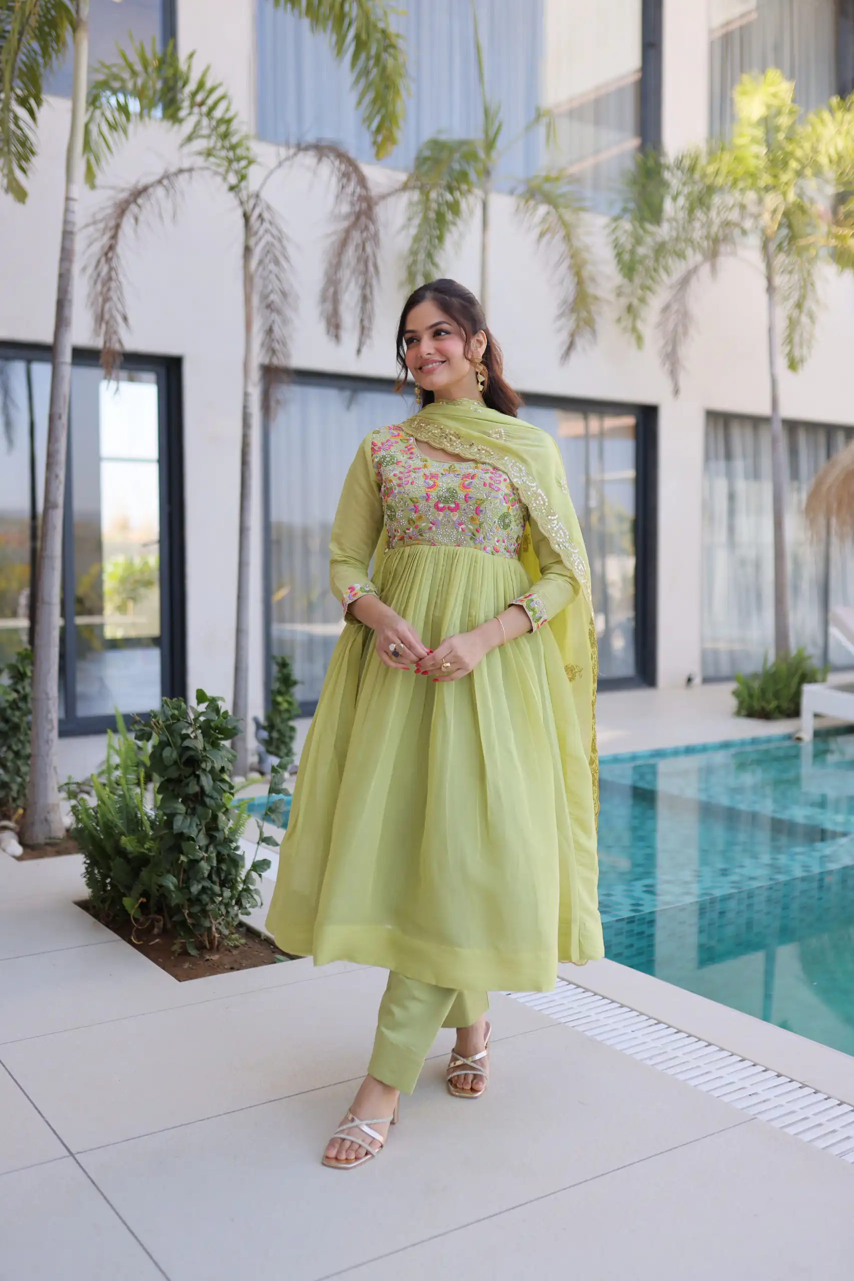 KA 1239 Pista Roman Silk Gown Perfect for Wedding, Party, Reception, Karwa Chauth, Baby Shower – . Now at just ₹2599. Delivery 4-6 Working Days. Shop | Casual Suits, Bollywood Gowns, Creative Gowns, Designer Gowns, Embroidered Gowns, Gowns, Party Wear Gowns