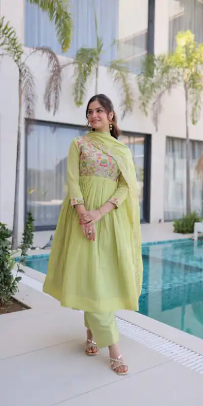 KA 1239 Pista Roman Silk Gown Perfect for Wedding, Party, Reception, Karwa Chauth, Baby Shower – . Now at just ₹2599. Delivery 4-6 Working Days. Shop | Casual Suits, Bollywood Gowns, Creative Gowns, Designer Gowns, Embroidered Gowns, Gowns, Party Wear Gowns