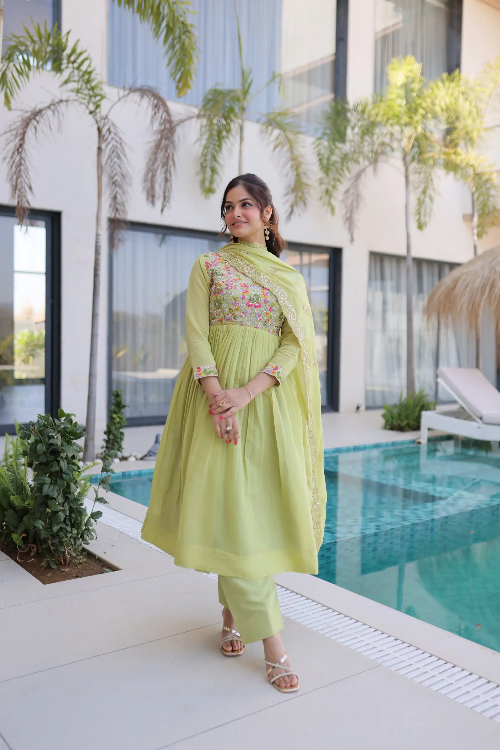 KA 1239 Pista Roman Silk Gown Perfect for Wedding, Party, Reception, Karwa Chauth, Baby Shower – . Now at just ₹2599. Delivery 4-6 Working Days. Shop | Casual Suits, Bollywood Gowns, Creative Gowns, Designer Gowns, Embroidered Gowns, Gowns, Party Wear Gowns