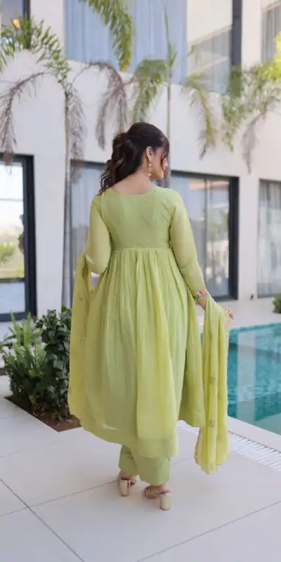KA 1239 Pista Roman Silk Gown Perfect for Wedding, Party, Reception, Karwa Chauth, Baby Shower – . Now at just ₹2599. Delivery 4-6 Working Days. Shop | Casual Suits, Bollywood Gowns, Creative Gowns, Designer Gowns, Embroidered Gowns, Gowns, Party Wear Gowns