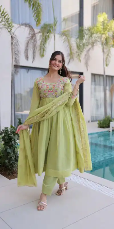 KA 1239 Pista Roman Silk Gown Perfect for Wedding, Party, Reception, Karwa Chauth, Baby Shower – . Now at just ₹2599. Delivery 4-6 Working Days. Shop | Casual Suits, Bollywood Gowns, Creative Gowns, Designer Gowns, Embroidered Gowns, Gowns, Party Wear Gowns