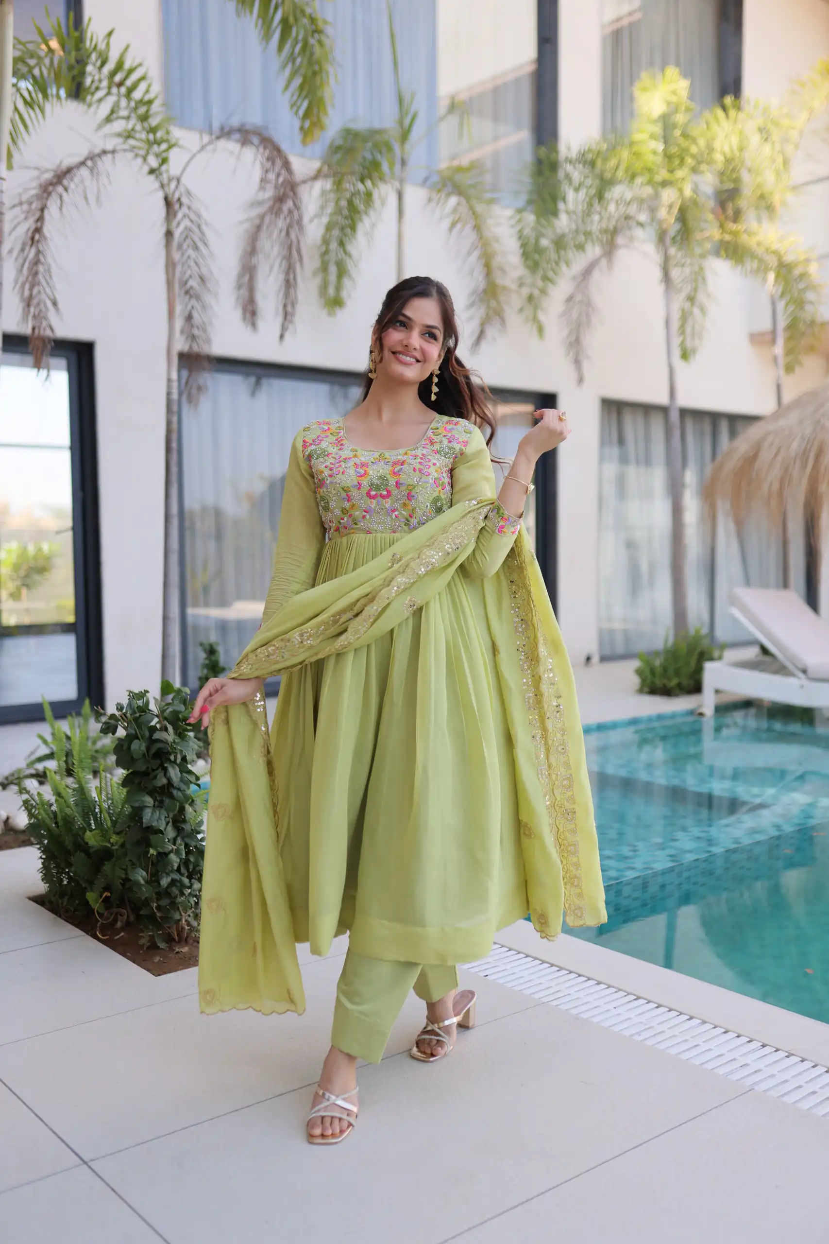 KA 1239 Pista Roman Silk Gown Perfect for Wedding, Party, Reception, Karwa Chauth, Baby Shower – . Now at just ₹2599. Delivery 4-6 Working Days. Shop | Casual Suits, Bollywood Gowns, Creative Gowns, Designer Gowns, Embroidered Gowns, Gowns, Party Wear Gowns