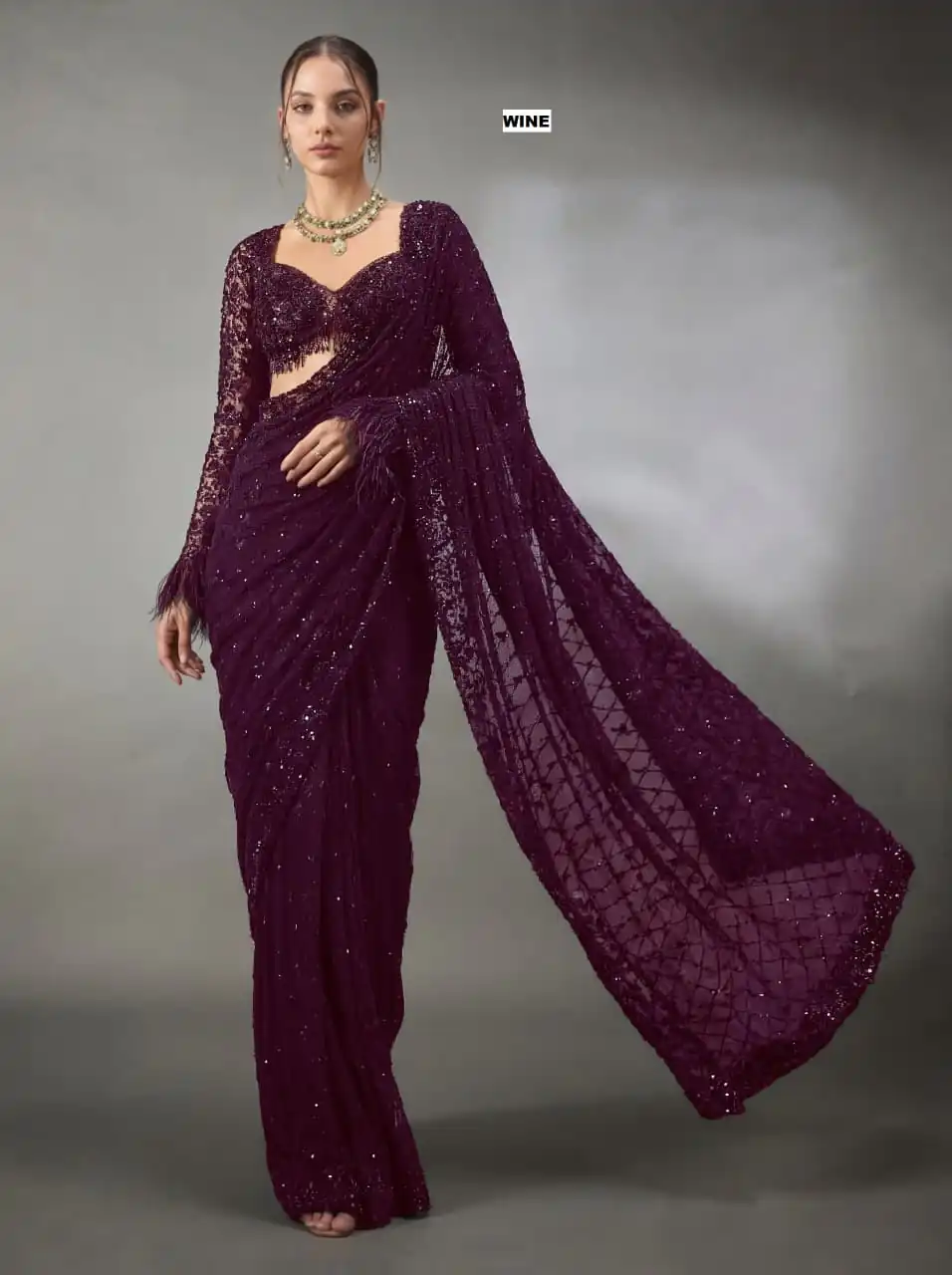 DF 3474 Wine Faux Georgette Saree Perfect for Wedding, Party, Bridal Wear, Baisakhi, Raksha Bandhan –. Introductory Price ₹1799. Delivery 4-6 Workin | Creative Sarees, Bollywood Sarees, Designer Sarees, Embroidered Sarees, Ethnic Saree, Modern Digital sarees, Party Wear Sarees, Sarees