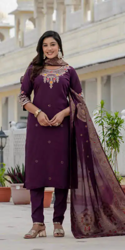 DIVA 125 | Wine Roman Silk Salwar Suit with Sequins Work & Embroidery Work. Available at ₹1799 only. Delivery 4-6 Working Days. Shop now. | Casual Suits, Jump Suits, Creative suits, Designer Suits, Palazzo Suits, Party Wear Suits, Patiala Suits, Salwar suit, Straight Suits
