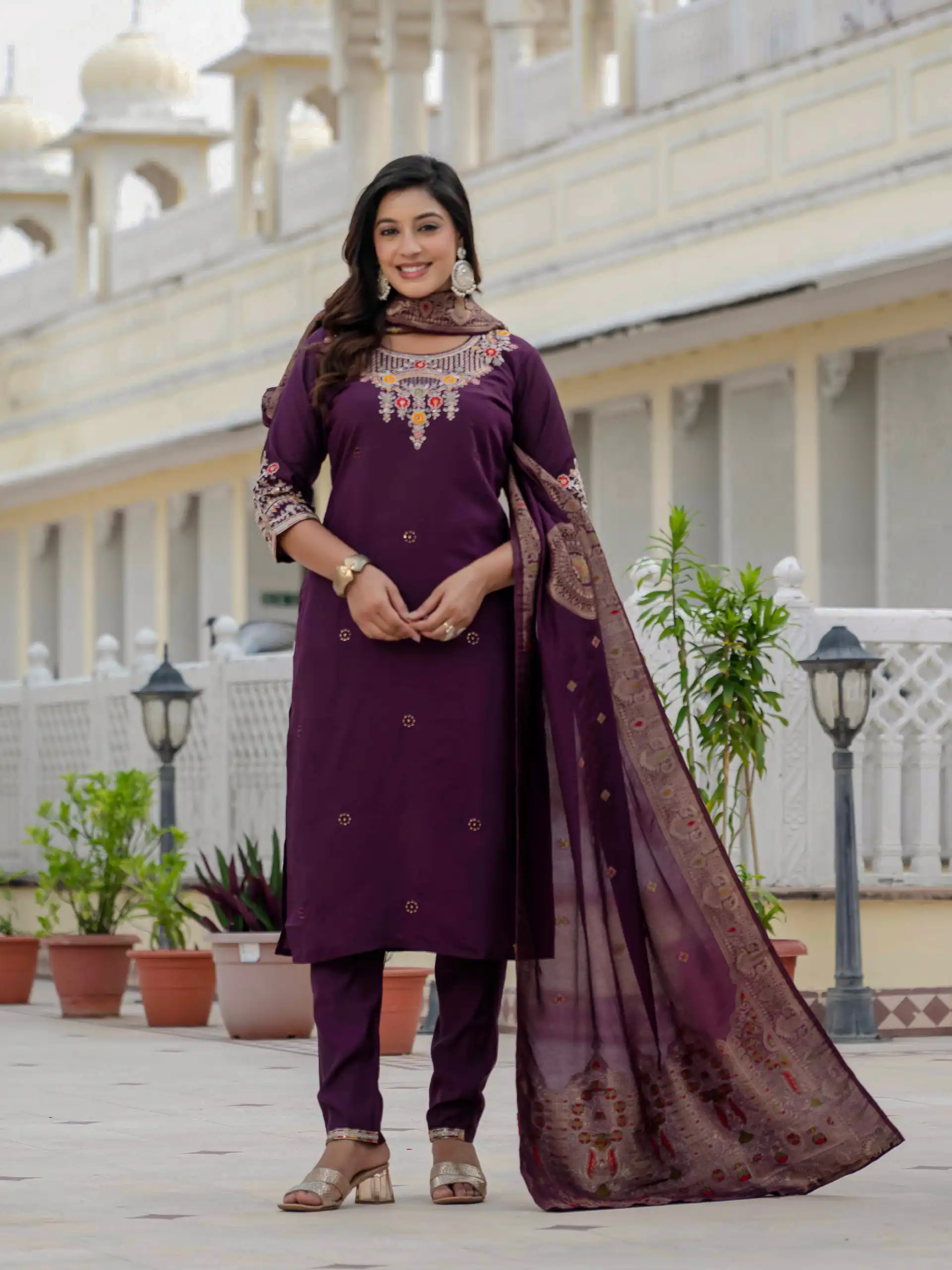 DIVA 125 | Wine Roman Silk Salwar Suit with Sequins Work & Embroidery Work. Available at ₹1799 only. Delivery 4-6 Working Days. Shop now. | Casual Suits, Jump Suits, Creative suits, Designer Suits, Palazzo Suits, Party Wear Suits, Patiala Suits, Salwar suit, Straight Suits