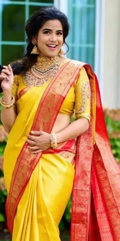 KP 2092 Yellow Color Yellow Soft Lichi Silk Saree with Jacquard Work. Best Price ₹1449. Delivery 4-6 Working Days. Shop now. | Creative Sarees, Bollywood Sarees, Designer Sarees, Embroidered Sarees, Ethnic Saree, Modern Digital sarees, Party Wear Sarees, Sarees