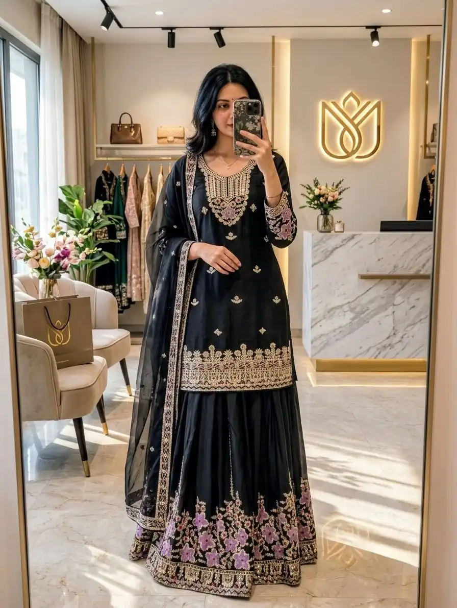 WW 1273 Black Chinon Silk Salwar Suit with Embroidery Work & Sequins Work. Get it for ₹2499. Delivery 4-6 Working Days. Shop now. | Casual Suits, Jump Suits, Creative suits, Designer Suits, Palazzo Suits, Party Wear Suits, Patiala Suits, Salwar suit, Straight Suits