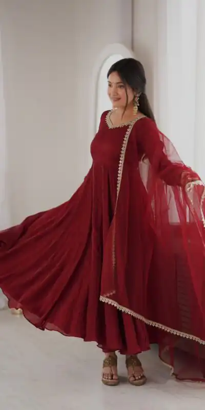 SRK 5355 Maroon Doremon Crush Gown with Lace Work & Mirror Work. Exclusive Offer ₹2099. Delivery 4-6 Working Days. Shop now. | Bollywood Gowns, Creative Gowns, Designer Gowns, Embroidered Gowns, Gowns, Party Wear Gowns
