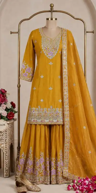 WW 1273 Mustered Chinon Silk Salwar Suit with Embroidery Work & Sequins Work. Get it for ₹2499. Delivery 4-6 Working Days. Shop now. | Casual Suits, Jump Suits, Creative suits, Designer Suits, Palazzo Suits, Party Wear Suits, Patiala Suits, Salwar suit, Straight Suits