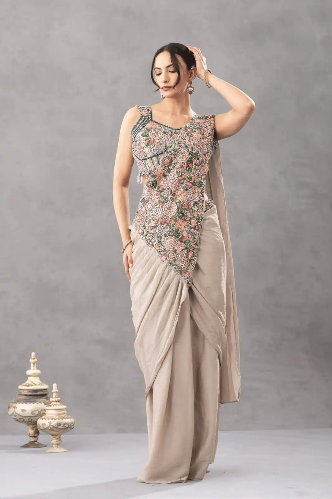 ST 1180 Chiku in Chiku Chinon. Embroidery Work Gorgeous Saree Wedding, Party, Festive, Events, Grab it for ₹1899. Delivery 4-6 Working Days. Shop now. | Creative Sarees, Bollywood Sarees, Designer Sarees, Embroidered Sarees, Ethnic Saree, Modern Digital sarees, Party Wear Sarees, Sarees