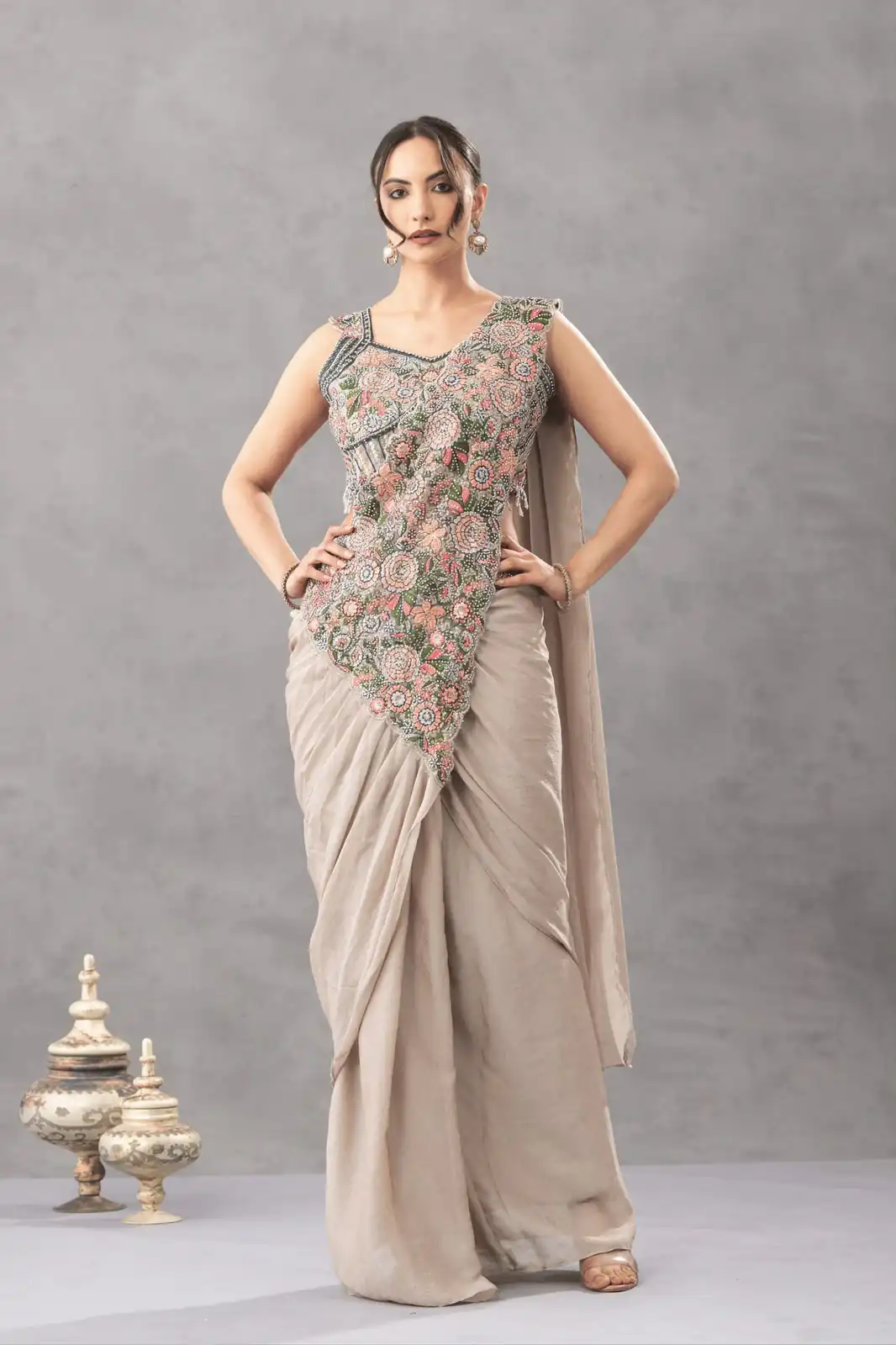 ST 1180 Chiku in Chiku Chinon. Embroidery Work Gorgeous Saree Wedding, Party, Festive, Events, Grab it for ₹1899. Delivery 4-6 Working Days. Shop now. | Creative Sarees, Bollywood Sarees, Designer Sarees, Embroidered Sarees, Ethnic Saree, Modern Digital sarees, Party Wear Sarees, Sarees