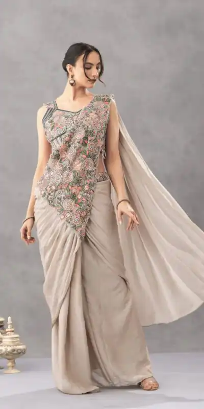 ST 1180 Chiku in Chiku Chinon. Embroidery Work Gorgeous Saree Wedding, Party, Festive, Events, Grab it for ₹1899. Delivery 4-6 Working Days. Shop now. | Creative Sarees, Bollywood Sarees, Designer Sarees, Embroidered Sarees, Ethnic Saree, Modern Digital sarees, Party Wear Sarees, Sarees