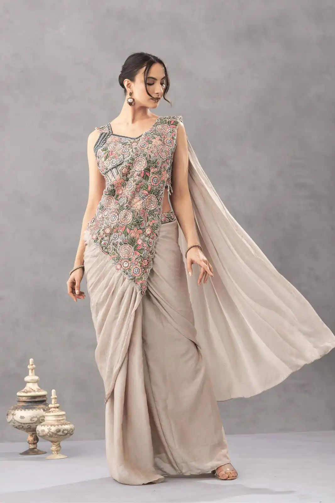 ST 1180 Chiku in Chiku Chinon. Embroidery Work Gorgeous Saree Wedding, Party, Festive, Events, Grab it for ₹1899. Delivery 4-6 Working Days. Shop now. | Creative Sarees, Bollywood Sarees, Designer Sarees, Embroidered Sarees, Ethnic Saree, Modern Digital sarees, Party Wear Sarees, Sarees