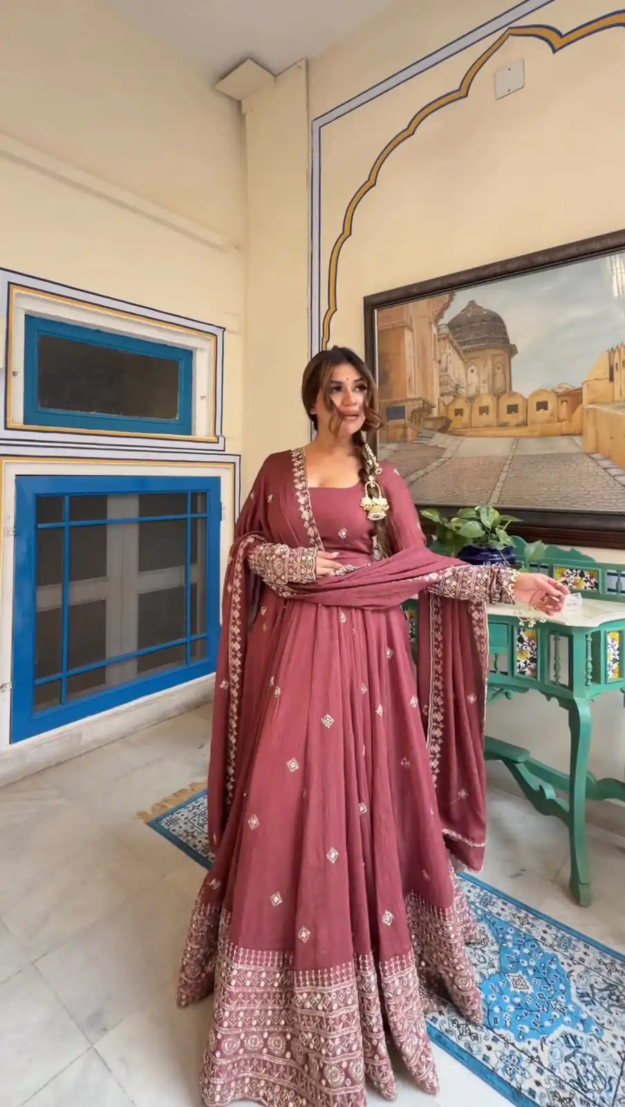 KD1589 Peach Color Mul Chanderi Silk Mul Chanderi Silk Thread Embroidery Gown Delivery 4-6 Working Days. Online Shop now. | Bollywood Gowns, Creative Gowns, Designer Gowns, Embroidered Gowns, Gowns, Party Wear Gowns