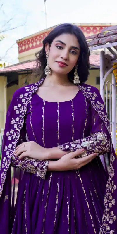 Ram 170 | Purple Fox Georgette Gown with Embroidery Work & Sequins Work. Available at ₹2149 only. Delivery 4-6 Working Days. Shop now. | Bollywood Gowns, Creative Gowns, Designer Gowns, Embroidered Gowns, Gowns, Party Wear Gowns