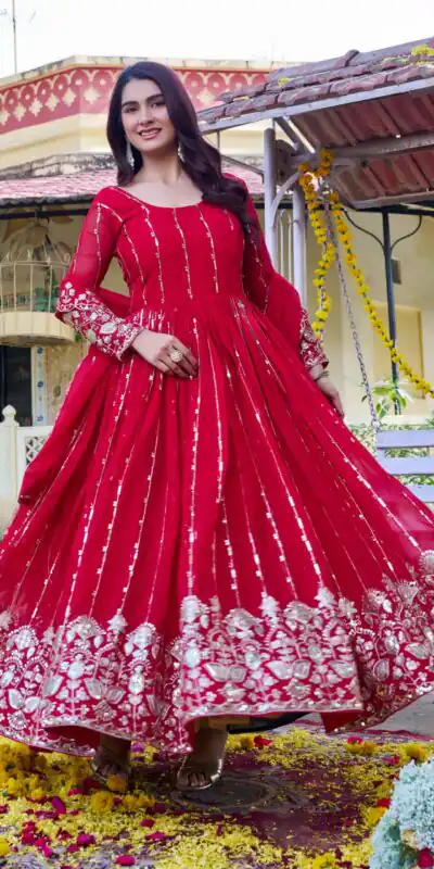 Ram 170 | Red Fox Georgette Gown with Embroidery Work & Sequins Work. Available at ₹2149 only. Delivery 4-6 Working Days. Shop now. | Bollywood Gowns, Creative Gowns, Designer Gowns, Embroidered Gowns, Gowns, Party Wear Gowns