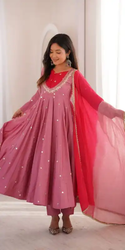 ZF 5023 Pink Roman Silk Gown with Mirror Work & Embroidery Work. Special Price ₹2099. Delivery 4-6 Working Days. Shop now. | Bollywood Gowns, Creative Gowns, Designer Gowns, Embroidered Gowns, Gowns, Party Wear Gowns