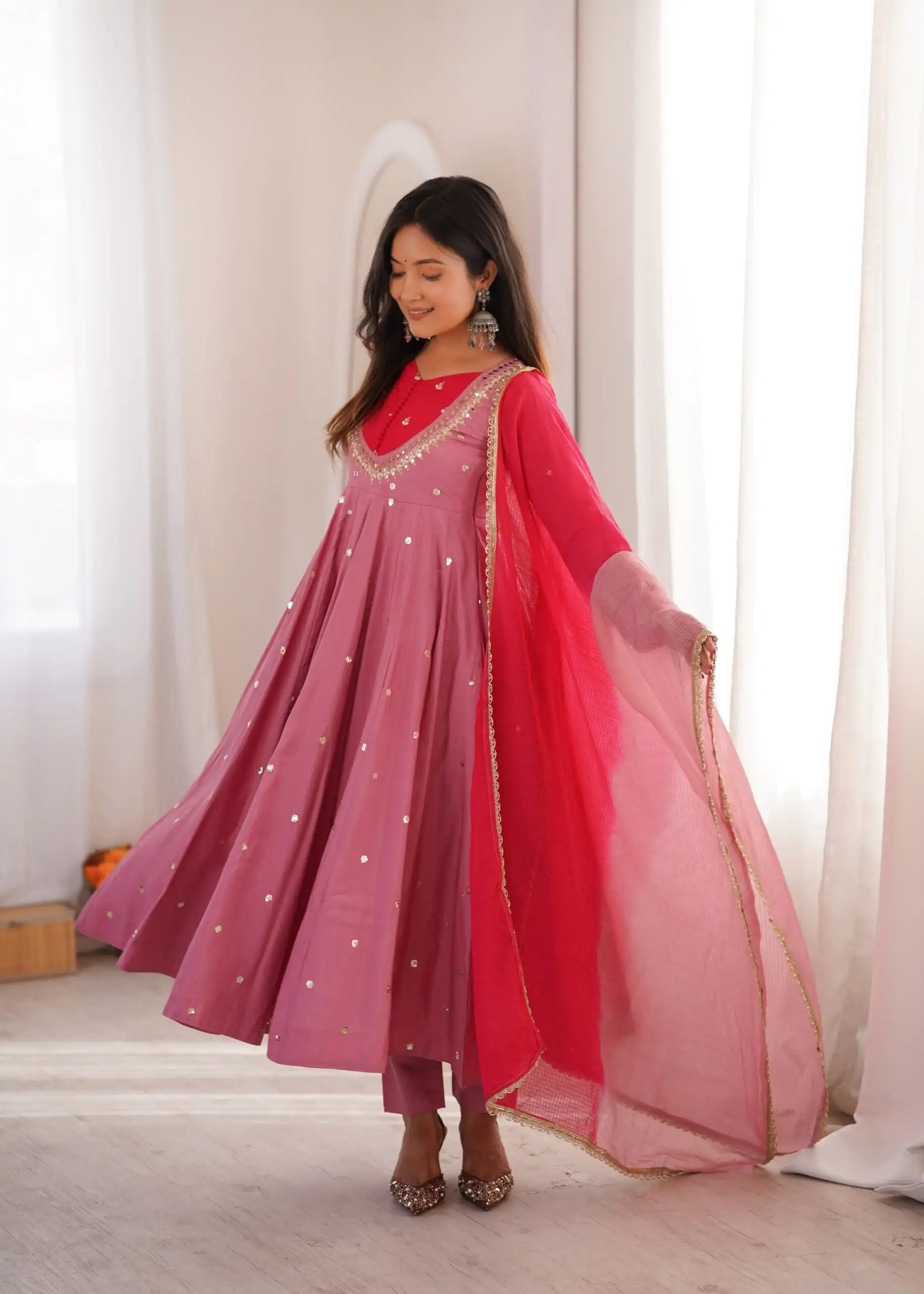 ZF 5023 Pink Roman Silk Gown with Mirror Work & Embroidery Work. Special Price ₹2099. Delivery 4-6 Working Days. Shop now. | Bollywood Gowns, Creative Gowns, Designer Gowns, Embroidered Gowns, Gowns, Party Wear Gowns