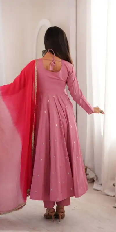 ZF 5023 Pink Roman Silk Gown with Mirror Work & Embroidery Work. Special Price ₹2099. Delivery 4-6 Working Days. Shop now. | Bollywood Gowns, Creative Gowns, Designer Gowns, Embroidered Gowns, Gowns, Party Wear Gowns