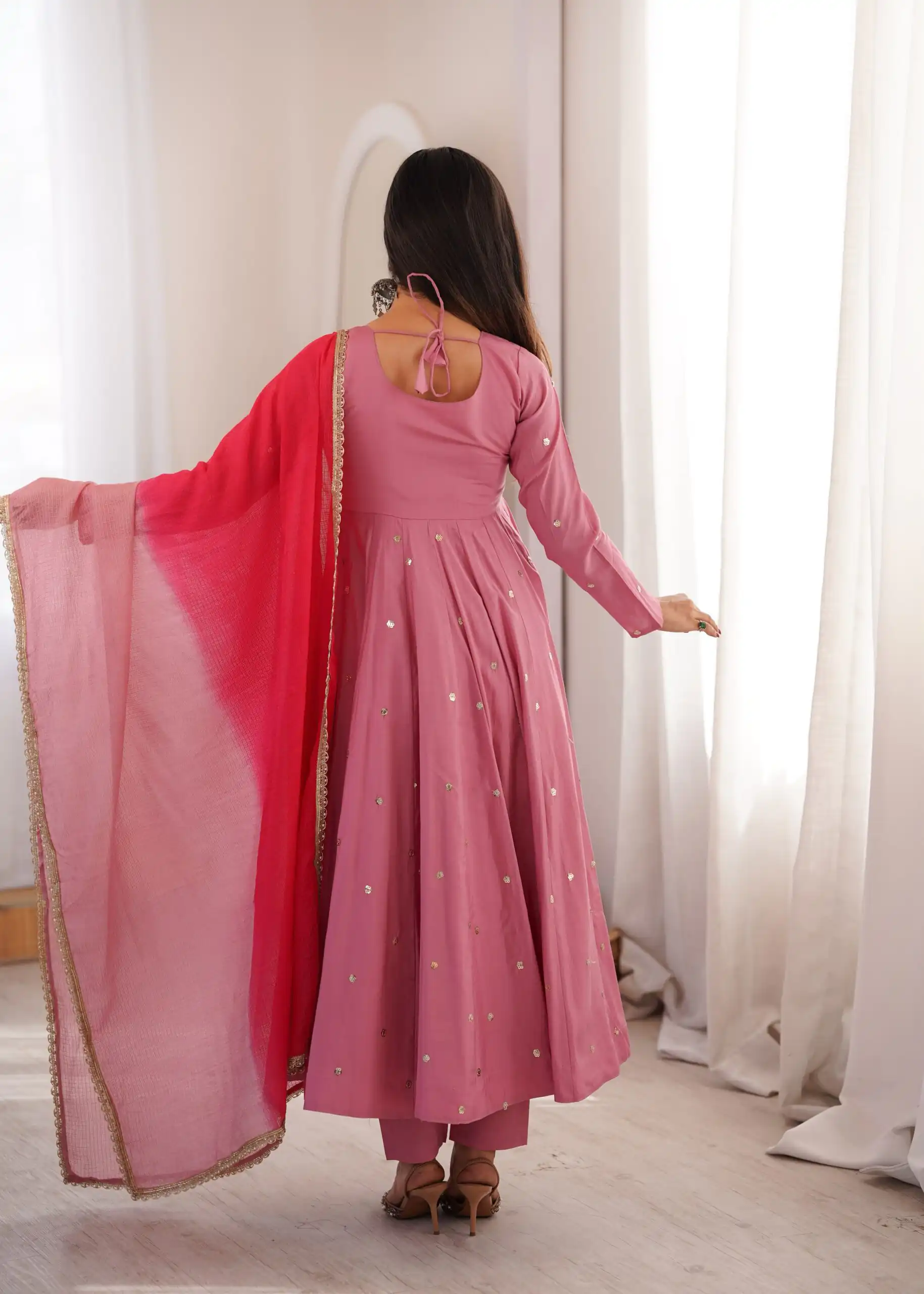 ZF 5023 Pink Roman Silk Gown with Mirror Work & Embroidery Work. Special Price ₹2099. Delivery 4-6 Working Days. Shop now. | Bollywood Gowns, Creative Gowns, Designer Gowns, Embroidered Gowns, Gowns, Party Wear Gowns