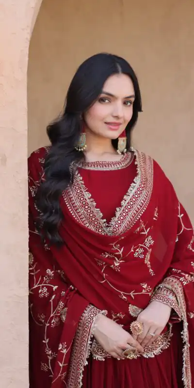 KA 1256 Maroon Faux Blooming Gown Perfect for Wedding, Party, Pongal, Raksha Bandhan, Mehendi –. Introductory Price ₹2549. Delivery 4-6 Working Days | Bollywood Gowns, Creative Gowns, Designer Gowns, Embroidered Gowns, Gowns, Party Wear Gowns