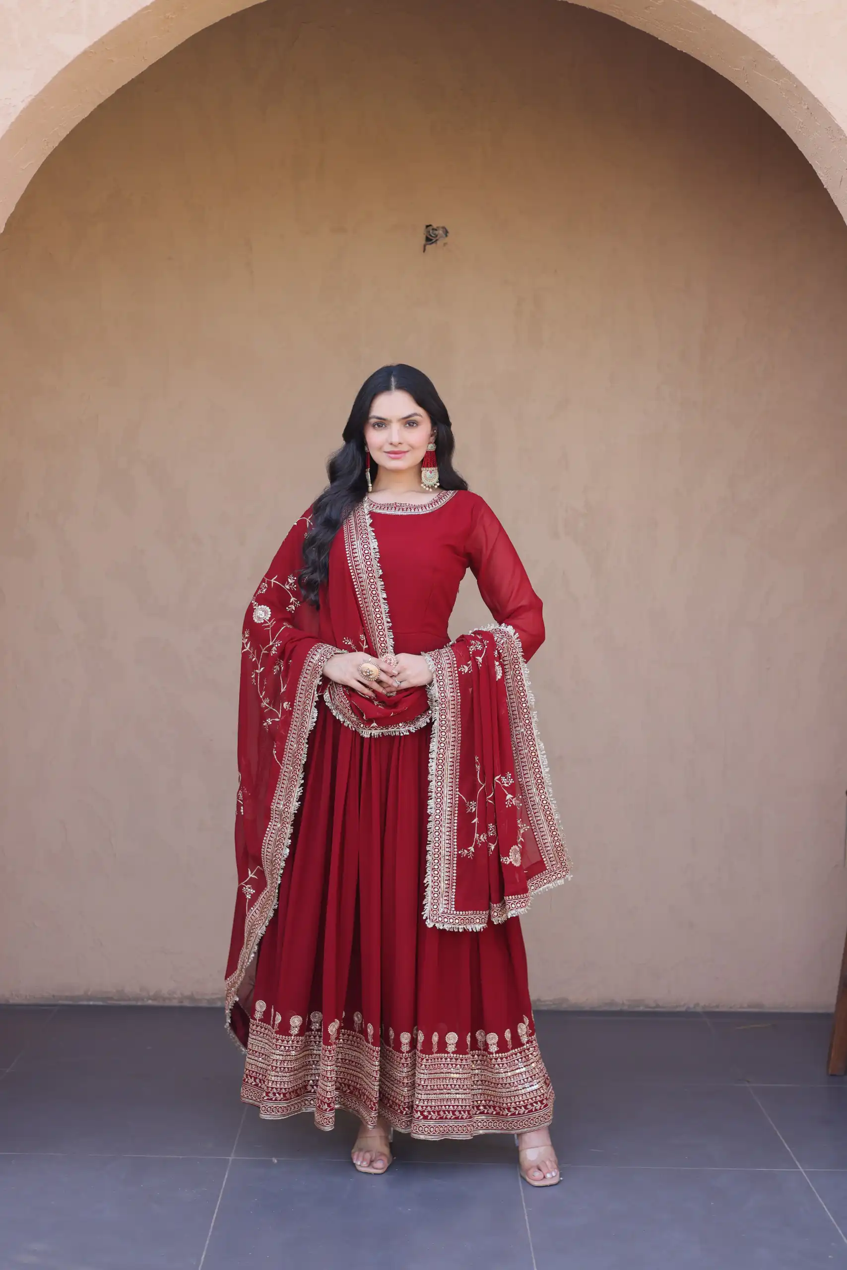 KA 1256 Maroon Faux Blooming Gown Perfect for Wedding, Party, Pongal, Raksha Bandhan, Mehendi –. Introductory Price ₹2549. Delivery 4-6 Working Days | Bollywood Gowns, Creative Gowns, Designer Gowns, Embroidered Gowns, Gowns, Party Wear Gowns
