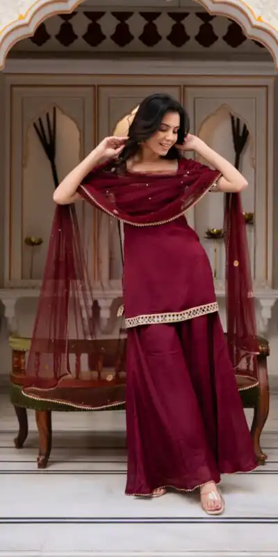 ST 1197 Maroon | Faux Georgette Salwar Suit with Mirror Work & Embroidery Work. Get it for ₹1849. Delivery 4-6 Working Days. Shop now. | Casual Suits, Jump Suits, Creative suits, Designer Suits, Palazzo Suits, Party Wear Suits, Patiala Suits, Salwar suit, Straight Suits