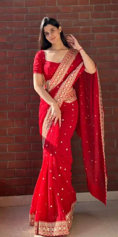 NC 5544 Red Color Georgette Saree with Embroidery Work & Lace Work. Special Price ₹1949. Delivery 4-6 Working Days. Shop now. | Creative Sarees, Bollywood Sarees, Designer Sarees, Embroidered Sarees, Ethnic Saree, Modern Digital sarees, Party Wear Sarees, Sarees
