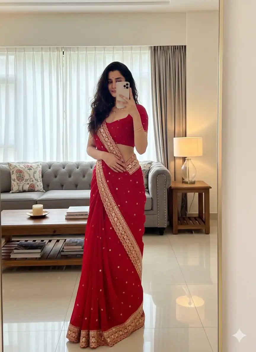 NC 5544 Red Color Georgette Saree with Embroidery Work & Lace Work. Special Price ₹1949. Delivery 4-6 Working Days. Shop now. | Creative Sarees, Bollywood Sarees, Designer Sarees, Embroidered Sarees, Ethnic Saree, Modern Digital sarees, Party Wear Sarees, Sarees